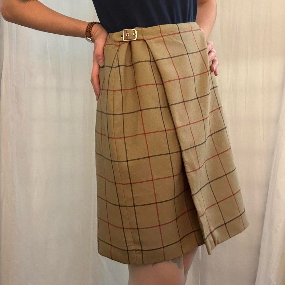 Tan Wool Plaid Windowpane Wrap Skirt with Belt Buckle Detailing VTG 90s academia